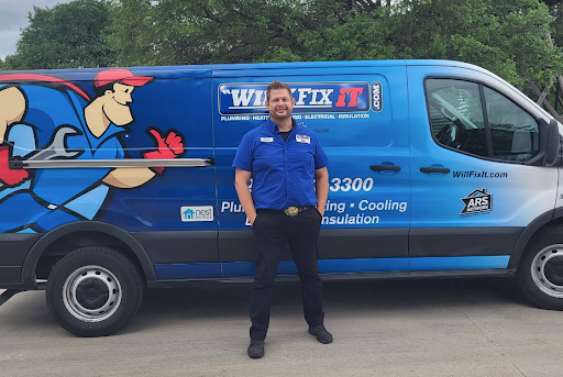 Will Fix It technician standing in front of the company air conditioning service van in San Antonio, TX.